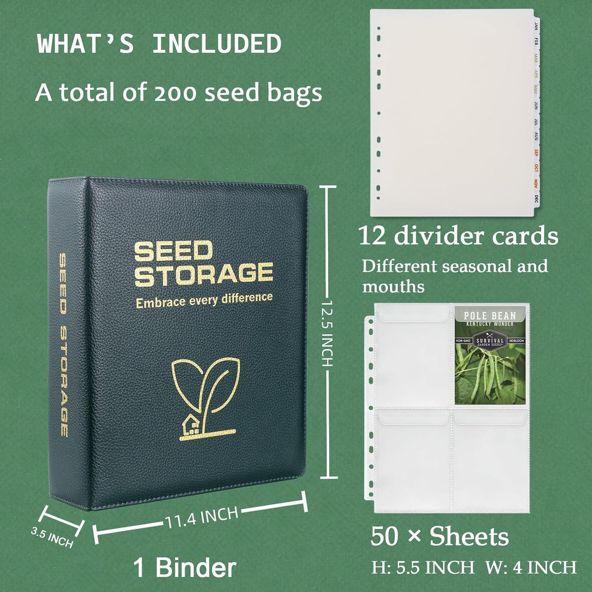 MUQING Seed Storage Organizer Binder, Holds 200 Seed Packets with Flip-Top Lid Sleeves, 50 Pages + 12 Monthly Cards + 4-Season Color-Coded Dividers, Faux Leather Seed Keeper Book for Gardeners (Green)