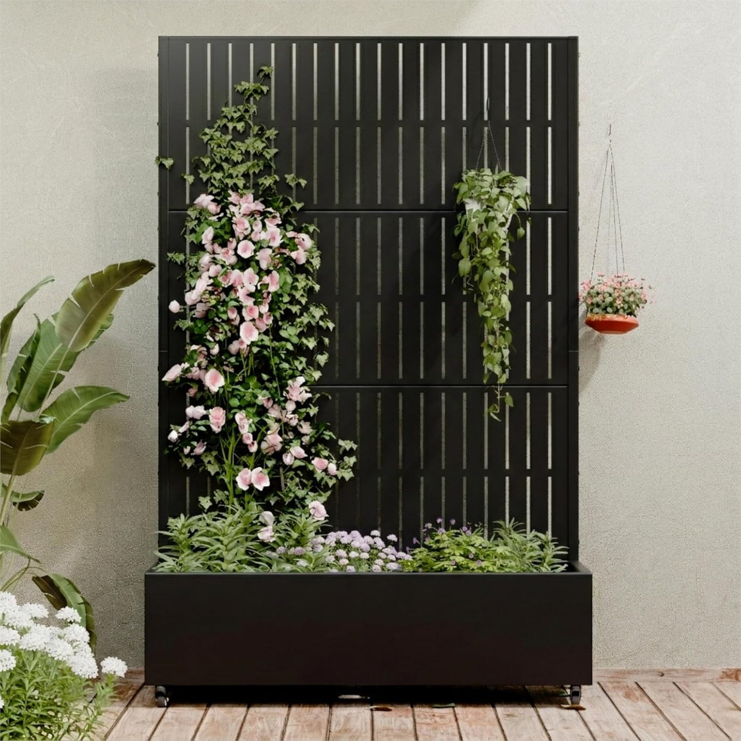 Casaphoria Metal Raised Garden Bed with Trellis and Wheels, 72"x47"x16" Planter Box for Climbing Plants, Vegetables & Vines, Features Drainage Holes and Privacy Screen (Black-Louver) - Colors D
