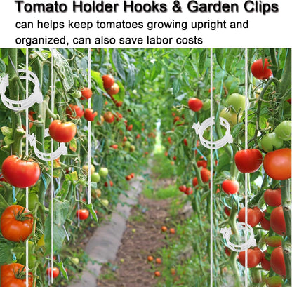 Tomato Support Hooks with String 20 Pcs,100 Pcs Plant Support Clips for Climbing Plants,Tomato Trellis Roller Hooks with 49.2FT String,Reusable Grape Vine Clips to Prevent Tomatoes