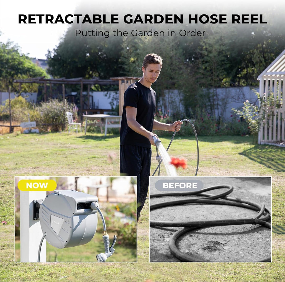 Retractable Garden Hose Reel,1/2 in x 65ft Wall Mounted Hose Reel, Optional Position Lock，Slow-Retract System，Wall Mounted，180°Swivel Bracket，Light Grey