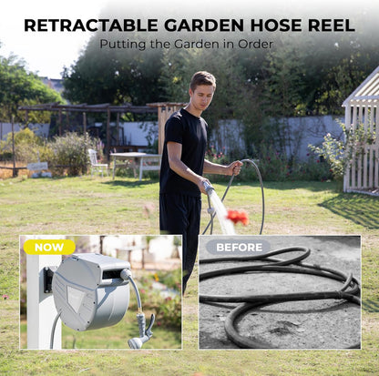 Retractable Garden Hose Reel,1/2 in x 65ft Wall Mounted Hose Reel, Optional Position Lock，Slow-Retract System，Wall Mounted，180°Swivel Bracket，Light Grey