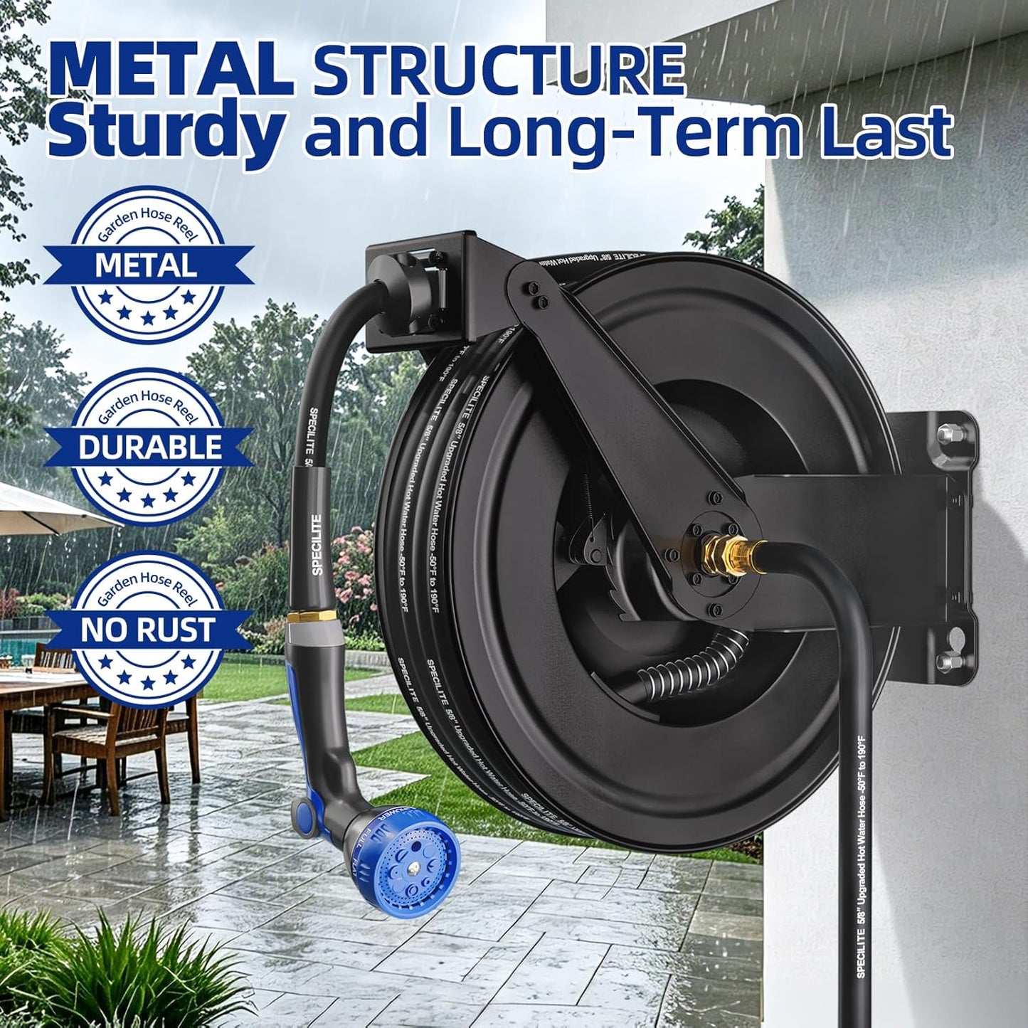 SPECILITE Hot/Cold Retractable Garden Hose Reel 50ft x 5/8'', -50℉ - 190 ℉, Wall Mount Water Pipe Spool, Heavy Duty, with 6ft Leader Hose, 8 Function Nozzle, for Backyard, Outdoor, Farm, Boat, Black