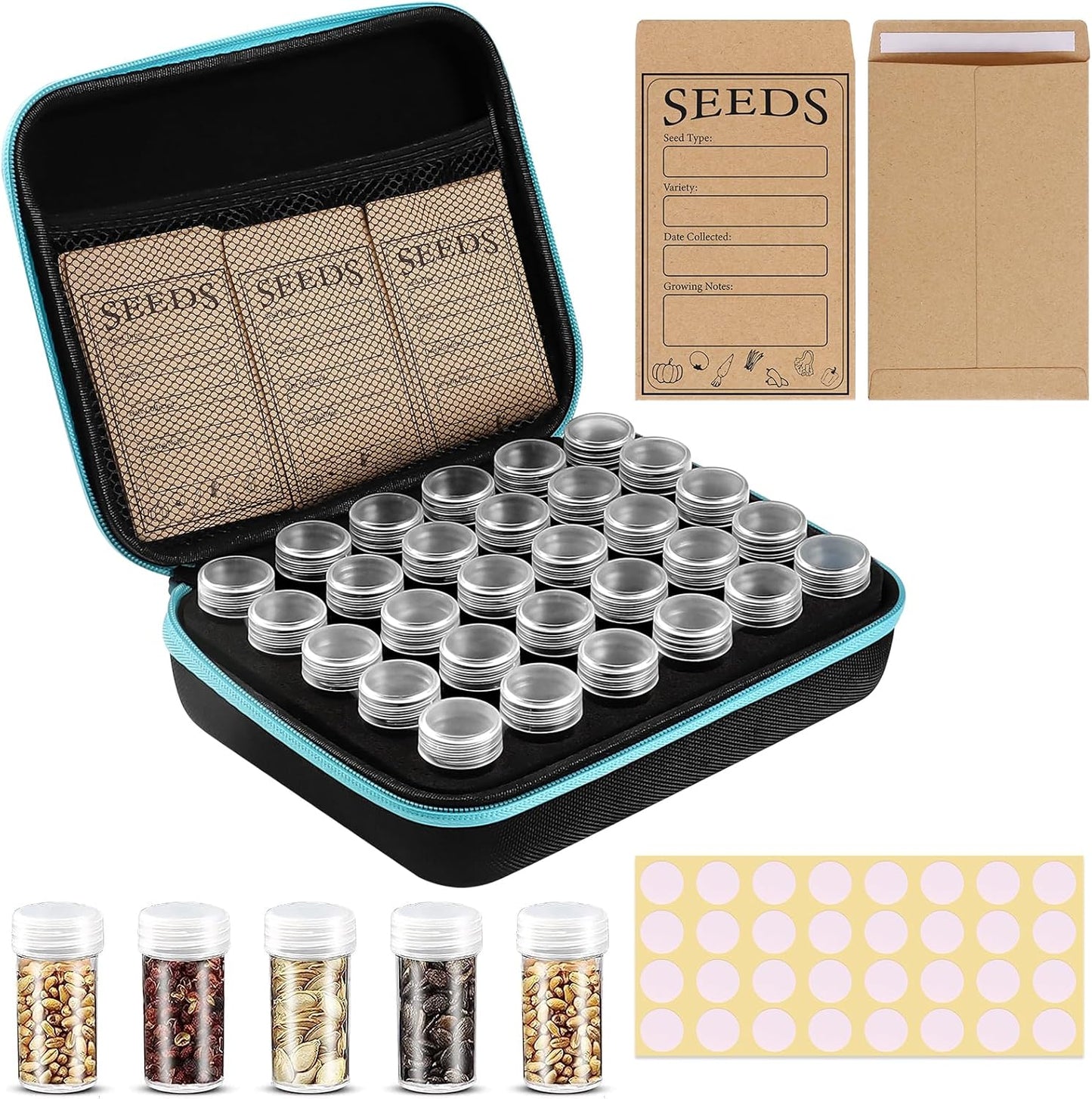 60 Slots Seed Storage Organizer with 20 Seed Envelopes, Sturdy Seed Organizer Storage Box with Zipper Bag Label Stickers(Seeds not Included), Seed Storage Container for Flower Plants Garden
