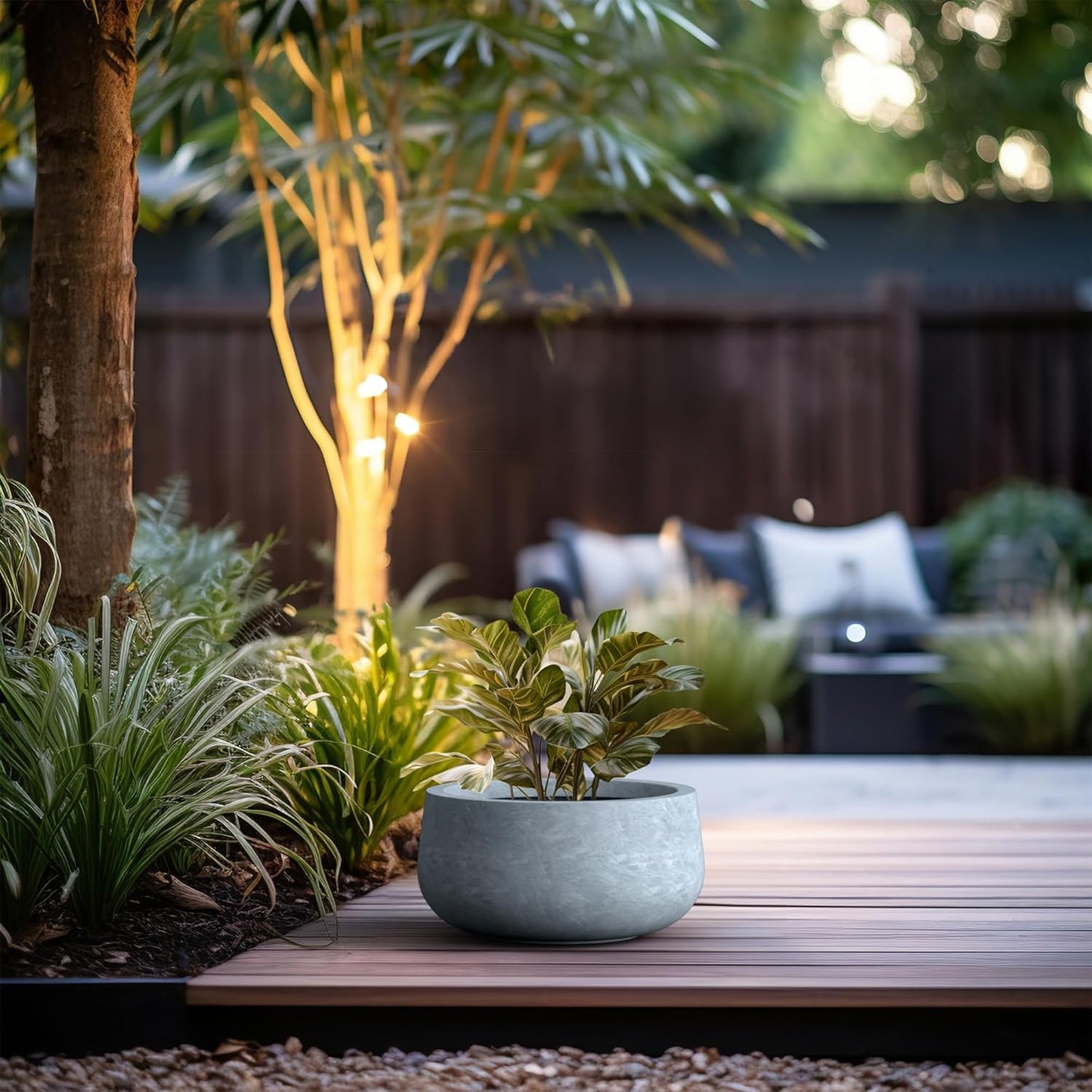 Kante 15.7" Dia Round Concrete Planter, Outdoor Indoor Garden Plant Pots with Drainage Hole and Rubber Plug, Modern Curvaceous Design, Slate Gray