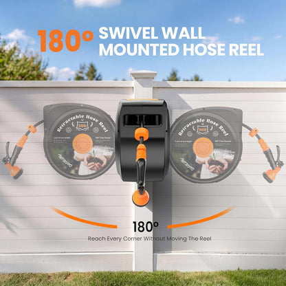 Retractable Garden Hose Reel, 50 ft x 1/2" Wall Mounted 180° Swivel Bracket, Any Length Lock, Slow Return System, 10-Pattern Nozzle for Garden Watering, Car Washing, Patio Cleaning & Outdoor Use