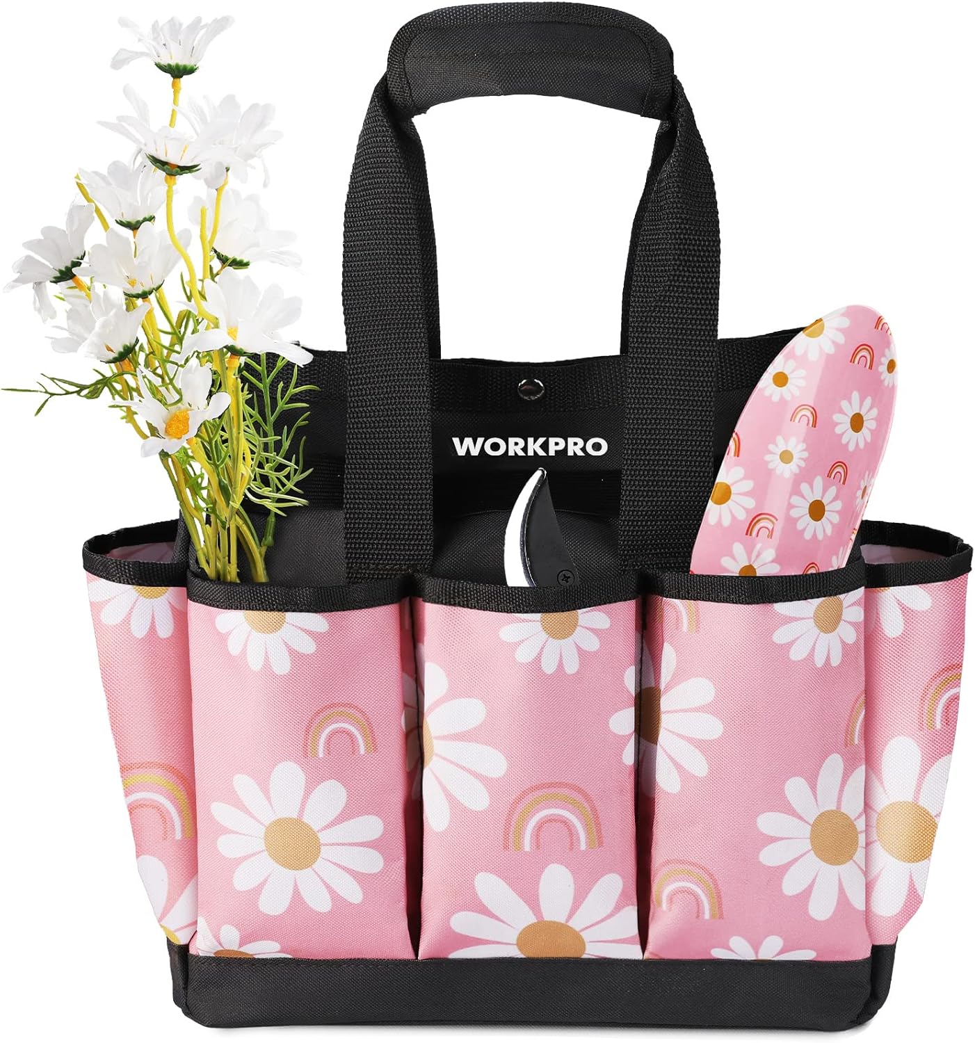 WORKPRO Garden Tool Bag, 9 Pockets Gardening Bag, Heavy Duty Oxford Garden Tote Caddy (Tools NOT Included), 12" x 12" x 6" (Floral White)