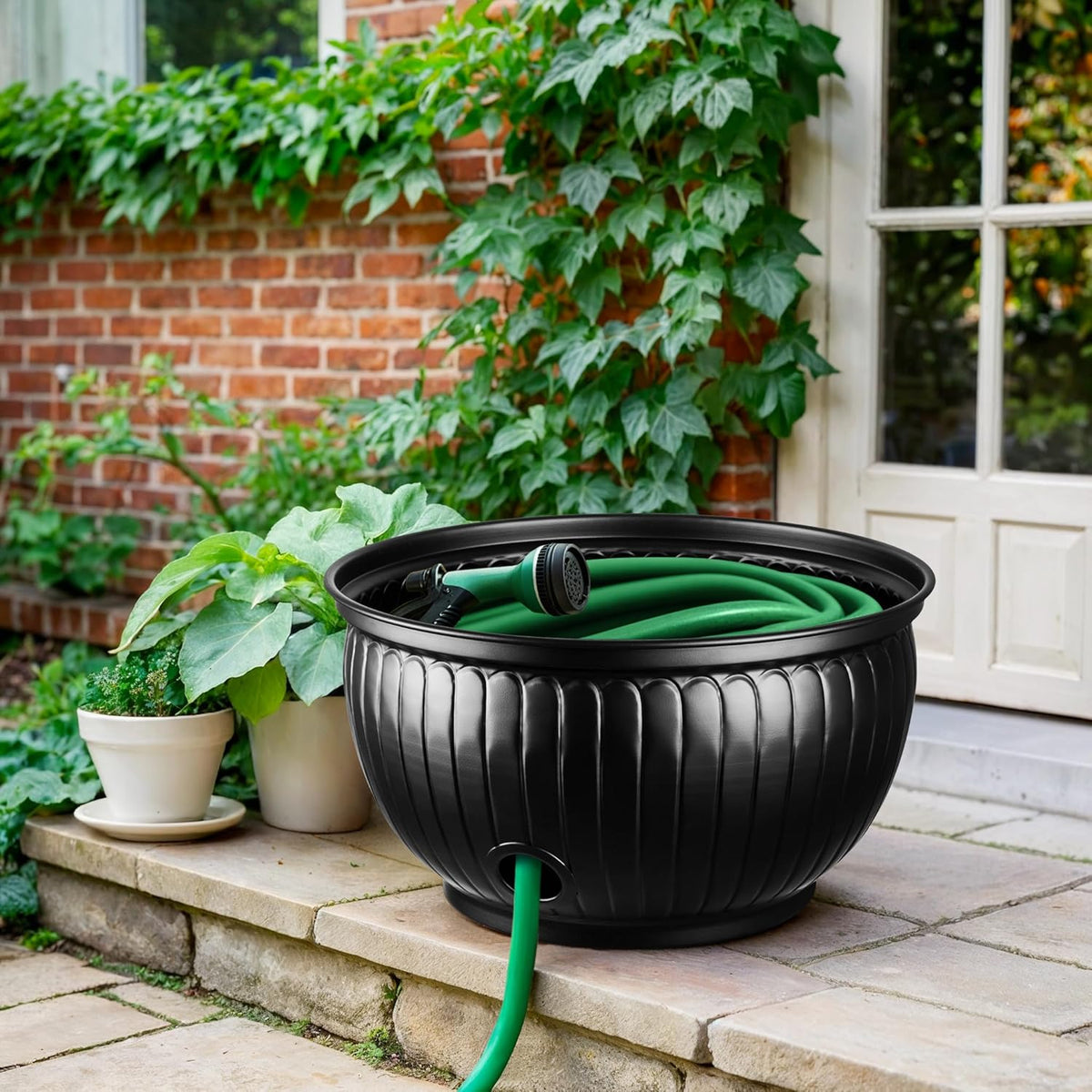 Monarch Abode Garden Hose Holder with Lid – Decorative Water Hose Holders for Outside, Arch Embossed Metal Patina Pot with Drainage, 100ft Waterhose Holder for Outside, Garden Storage Caddy