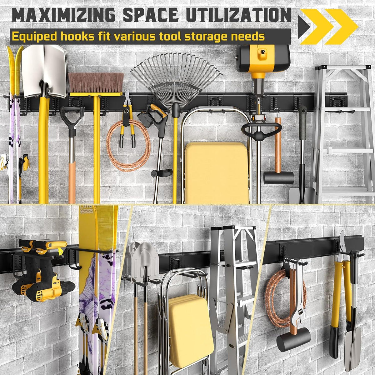 64" Garage Wall Tool Organizer, 900 Lbs Heavy Duty Steel Garden Tool Storage Rack & Garage Organization for Yard, Shed, Garage - 12 Longer & Thicker Hooks + 2 Straps