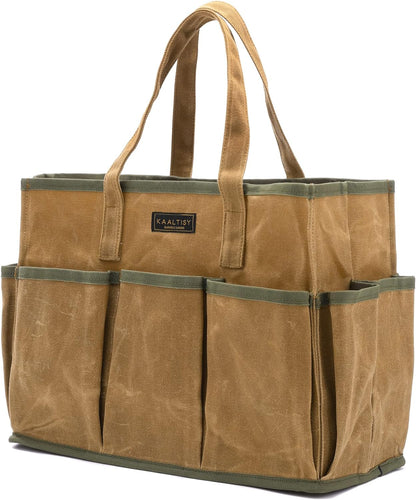 Tool Tote Bag, Heavy Duty 16oz Waxed Canvas Garden Tool Bag | Portable 11-Pocket Tool Storage Bag for Gardener Electrician Contractor Repairman (14"L x 5.5"W x 10.5"H) – Army Green