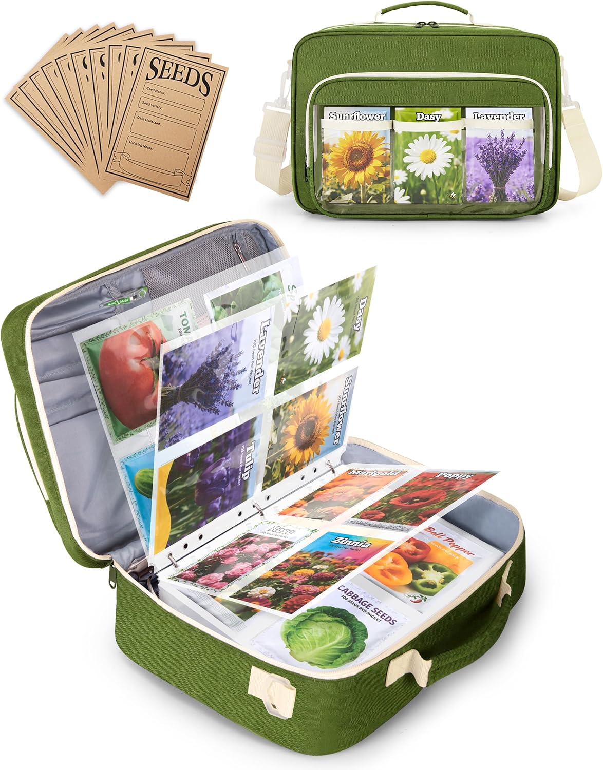 Seed Storage Organizer Binder with 20 PCS Reusable Seed Envelopes - 30 Pack Sheet Protectors Holds 120 Packets Envelopes, Seed Saving Bag for Garden Planner, Green