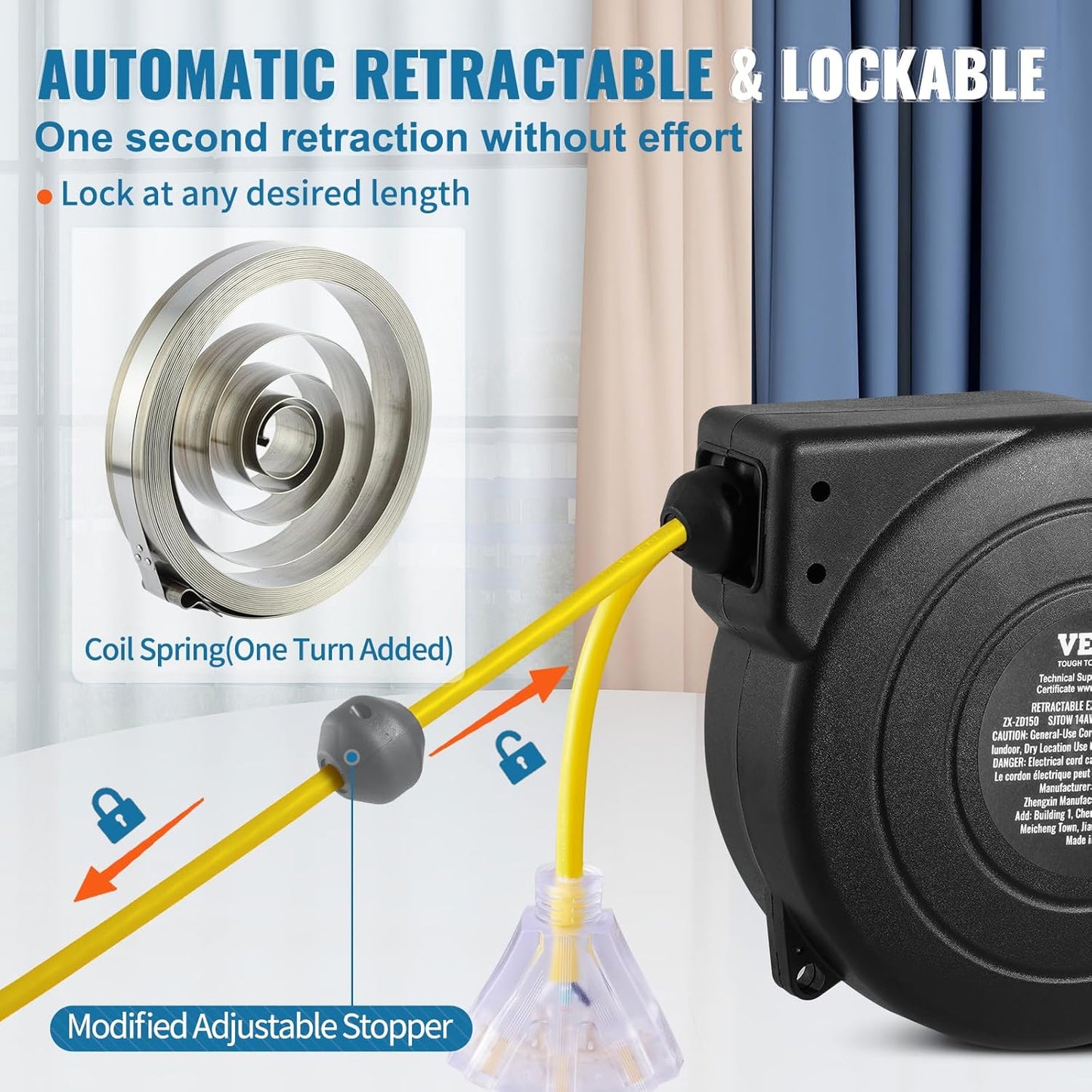 65FT Retractable Extension Cord Reel, Heavy Duty 12AWG/3C SJTOW Cord