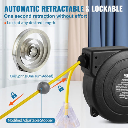 65FT Retractable Extension Cord Reel, Heavy Duty 12AWG/3C SJTOW Cord
