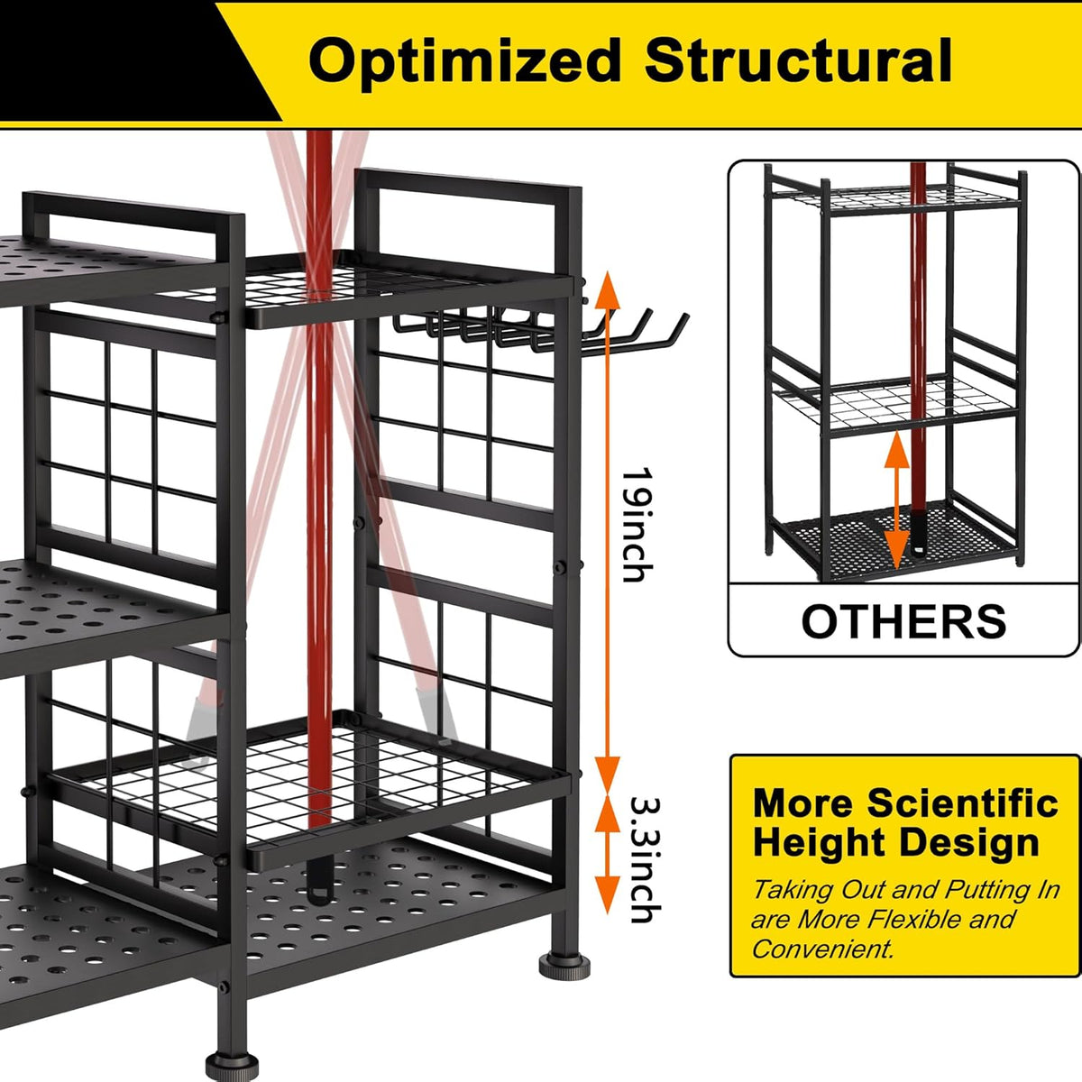 3 Tier Garden Tool Organizer, Garage Storage and Organization, Metal Yard Tools Storage up to 78 Tools, Heavy Duty Garden Tool Organizer for Garage, Yard, Patio, Shed, Indoors and Outdoors, Black