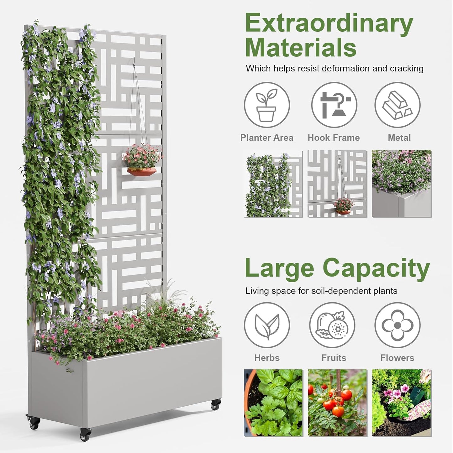 Casaphoria Metal Raised Garden Bed with Trellis and Wheels, 72"x47"x16" Planter Box for Climbing Plants, Vegetables & Vines, Features Drainage Holes and Privacy Screen (Black-Louver) - Colors C