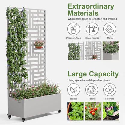 Casaphoria Metal Raised Garden Bed with Trellis and Wheels, 72"x47"x16" Planter Box for Climbing Plants, Vegetables & Vines, Features Drainage Holes and Privacy Screen (Black-Louver) - Colors C