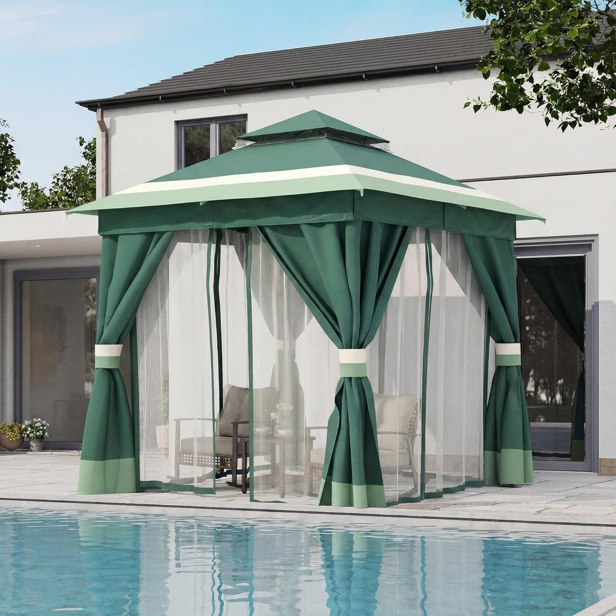 10x20 Gazebo Canopy with 100FT String Lights, Metal Heavy Duty Patio Canopy Tent with Double Roofs, Mosquito Nettings and Privacy Screens for Backyard, Garden, Lawn, Gray