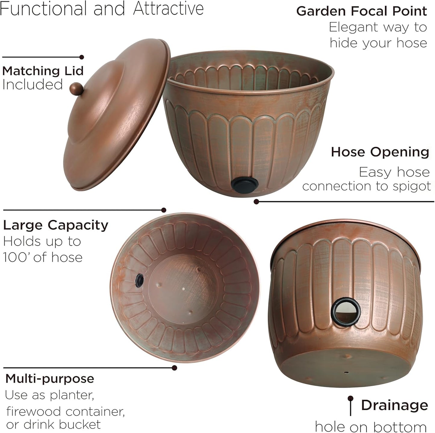 BSTGIFTS Garden Water Hose Holder - Decorative Metal Pot, Metal Hose Storage Pot, Garden Storage Organizer, Patio Portable Bucket - Antique Copper Accents, Holds up to 100ft Hoses (Embossed)