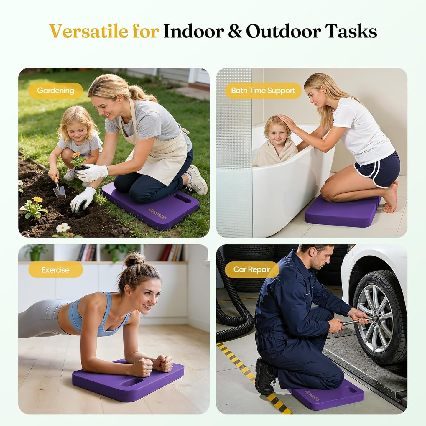 Grenebo 2-Pack 1.6" Extra Thick NBR Foam Garden Kneeling Pads, Ultra Soft Cushion Kneeling Pads for Gardening, Gardening Kneeling Pad for Baby Bathing, Work, Exercise, 17.3×11×1.6 in, Green