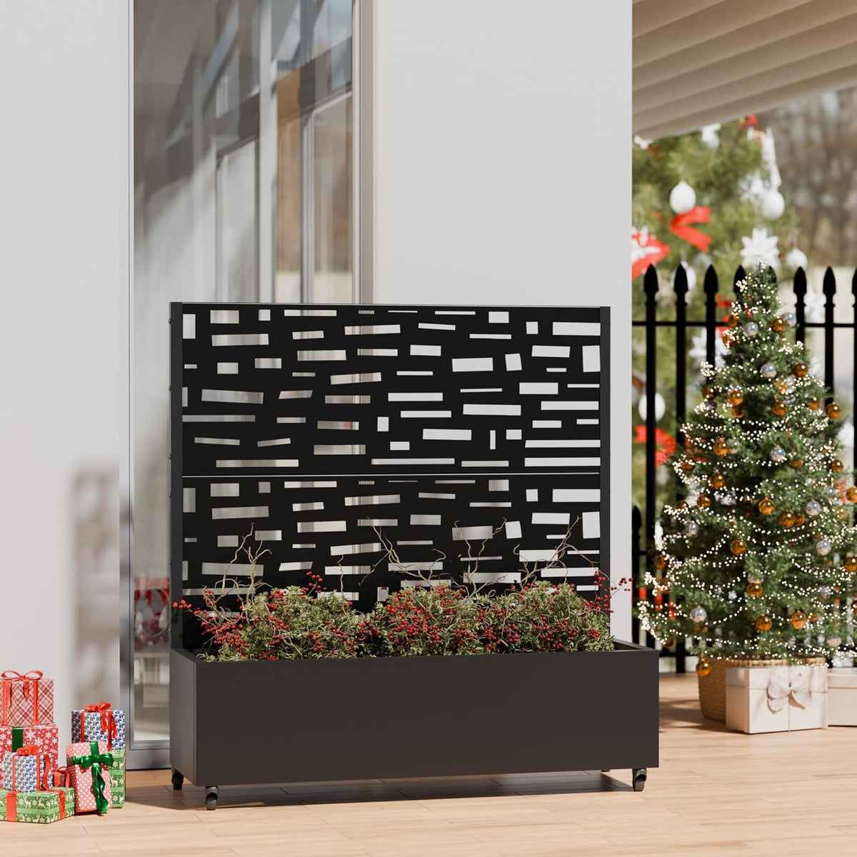 Casaphoria Metal Raised Garden Bed with Trellis and Wheels, 72"x47"x16" Planter Box for Climbing Plants, Vegetables & Vines, Features Drainage Holes and Privacy Screen (Black-Louver) - Colors D