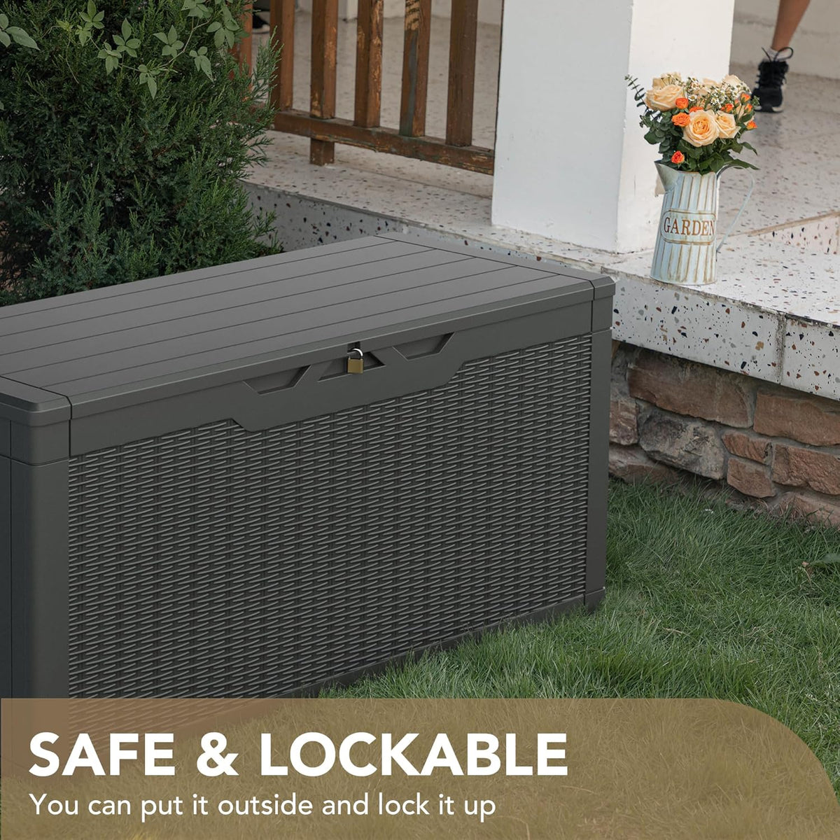 Devoko 100 Gallon Waterproof Large Resin Deck Box Indoor Outdoor Lockable Storage Container for Patio Furniture Cushions Garden Tools (100 Gallon, Black)