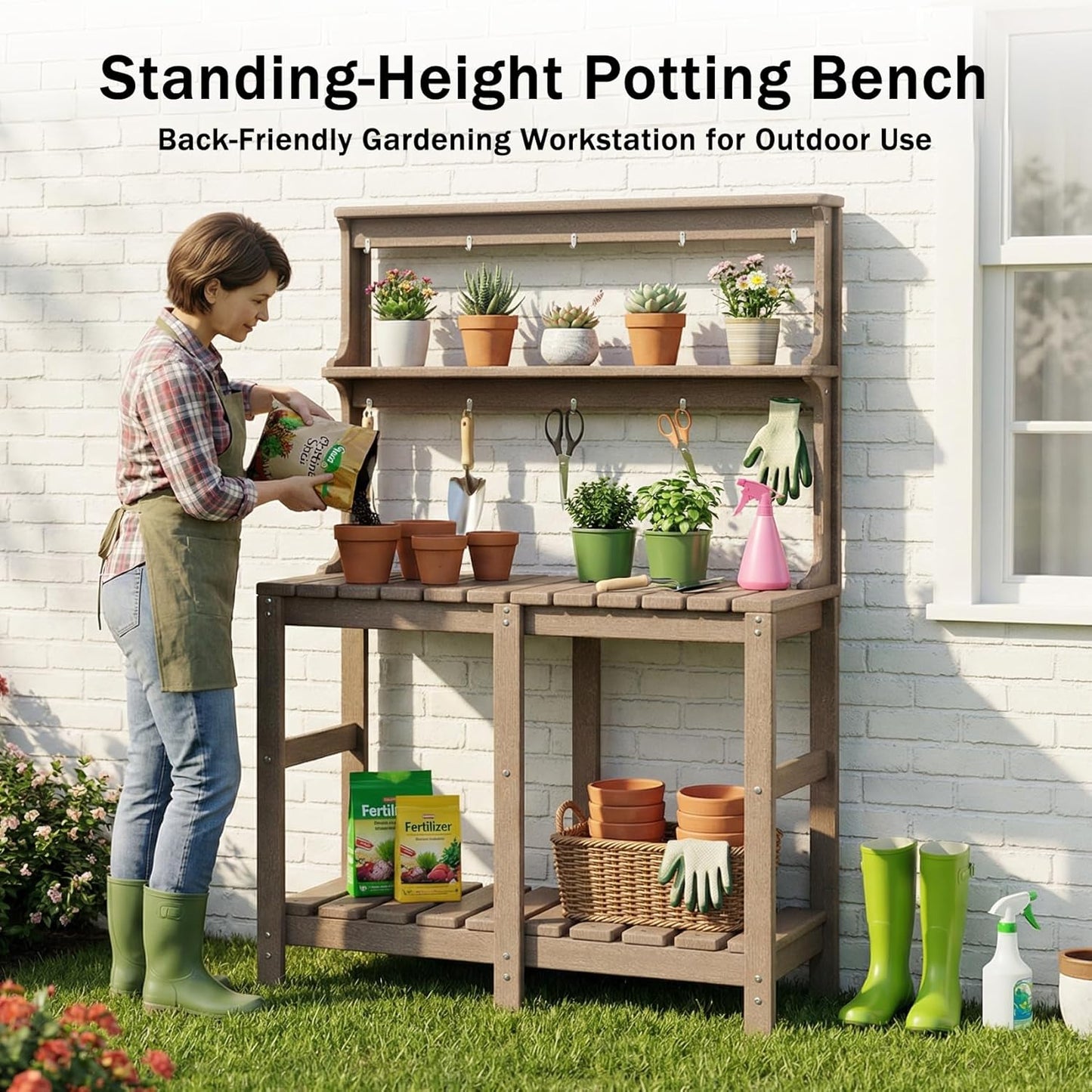 Outdoor Potting Bench with 3 Tier, All-Weather Patio Potting Table with Tool Hooks, HDPE Gardening Table for Backyard, Garden, Brown