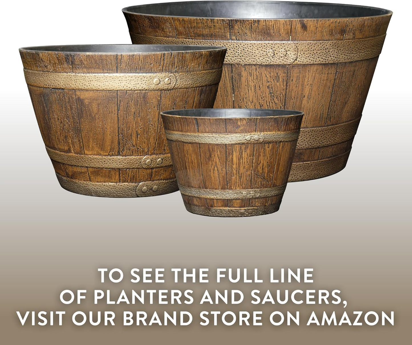 Classic Home & Garden by Growscape Whiskey Barrel Planters, Wooden Finish Flower Planter Pot, Decorative Garden Pots, Indoor Outdoor Resin Planters, Weather-Resistant Plant Pot (15” Oak Brown, 1-Pack)