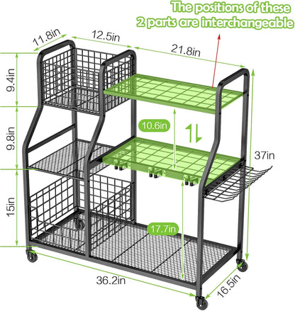 keomaisyto Garden Tool Organizer for Garage Organization, 3 Tier Yard Tool Storage Rack with 35 Long-Handled Tool Slots, Heavy Duty Garden Tool Holder with Large Hooks for Shed, Yard, Garage