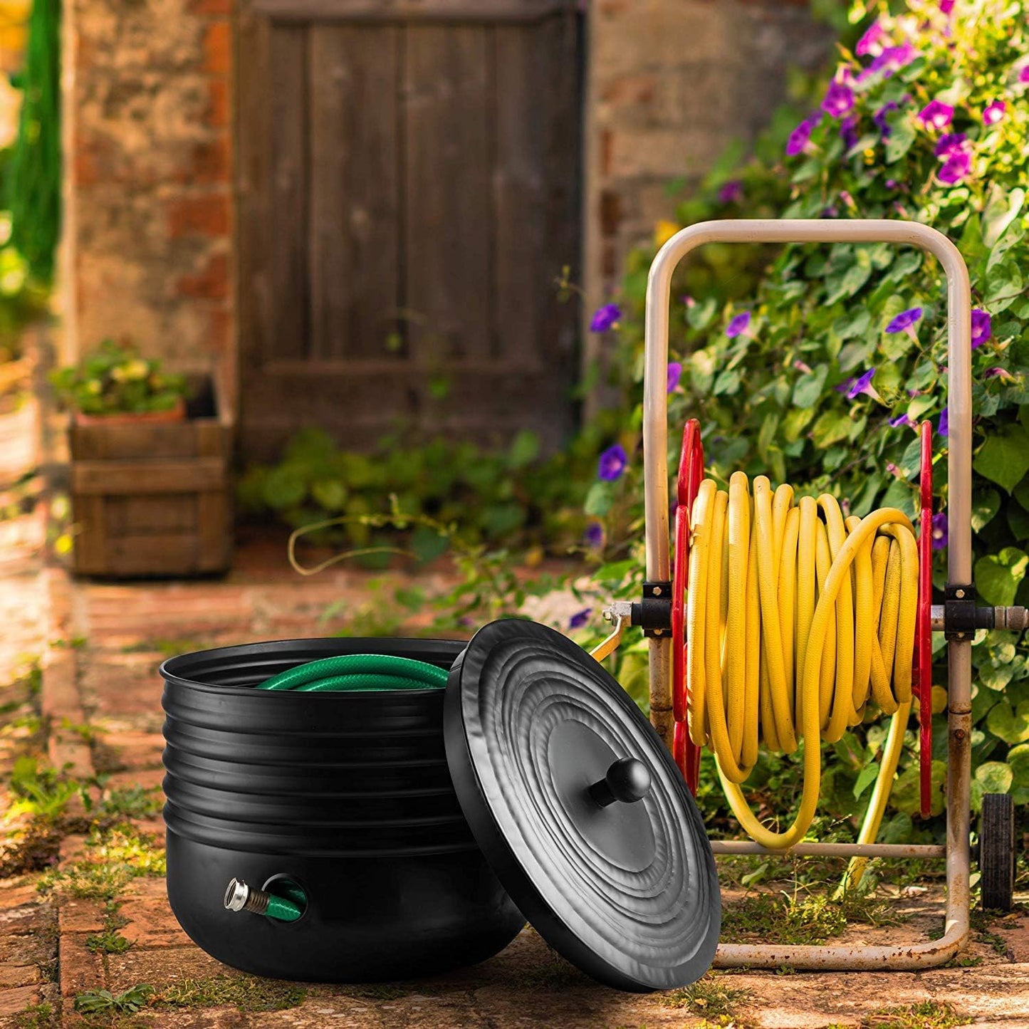 Ribbed Steel Garden Hose Pot Holder with Lid Black 16 x 12 Inches | Hose for Outside|Hose Pot Container (Magnetic Steel, Black)