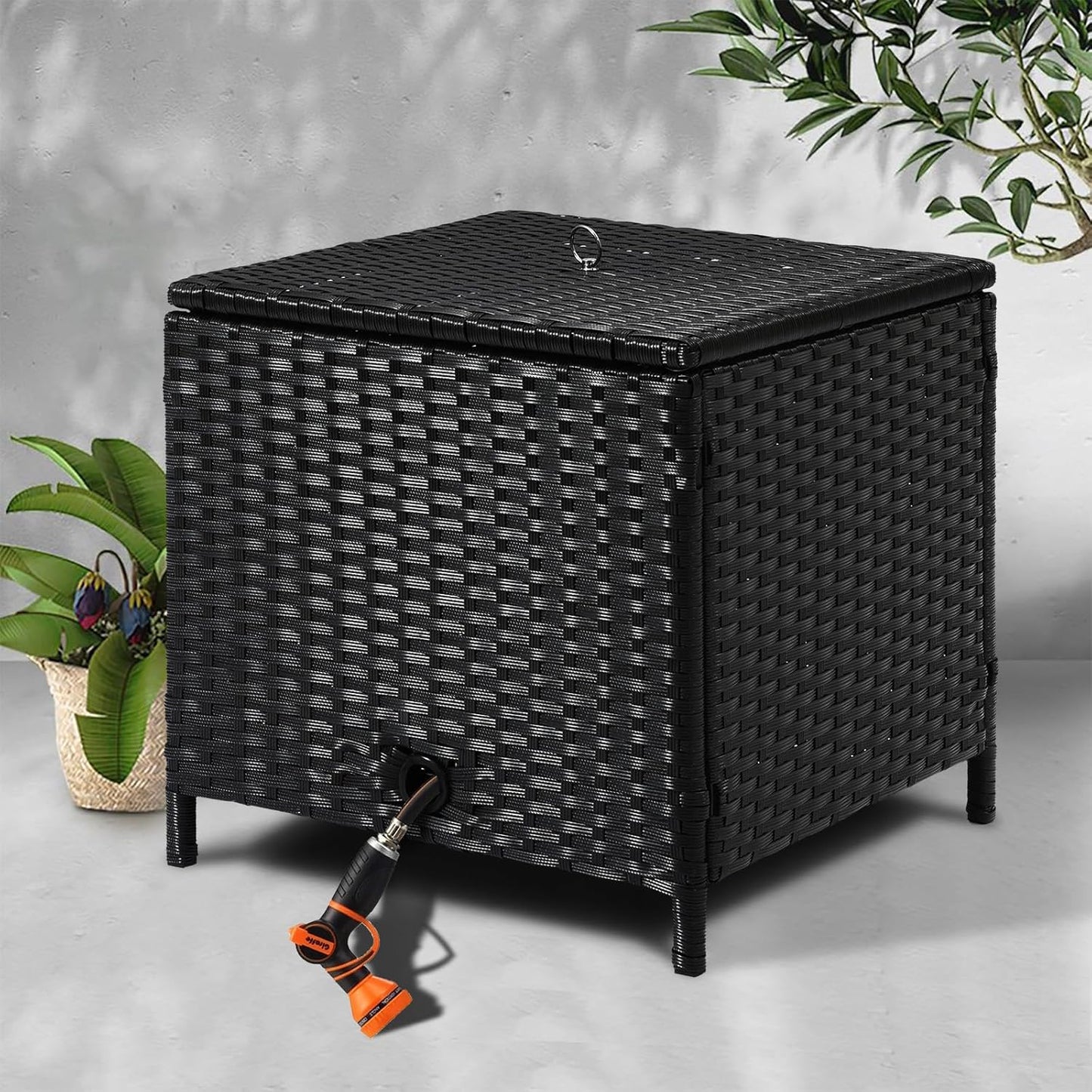 Decorative Garden Hose Storage Box with Lid, Weather Resistant Handwoven PE Rattan Water Hose Holder, Storage For Garden Tools, 200FT 5/8'' Hose Capacity