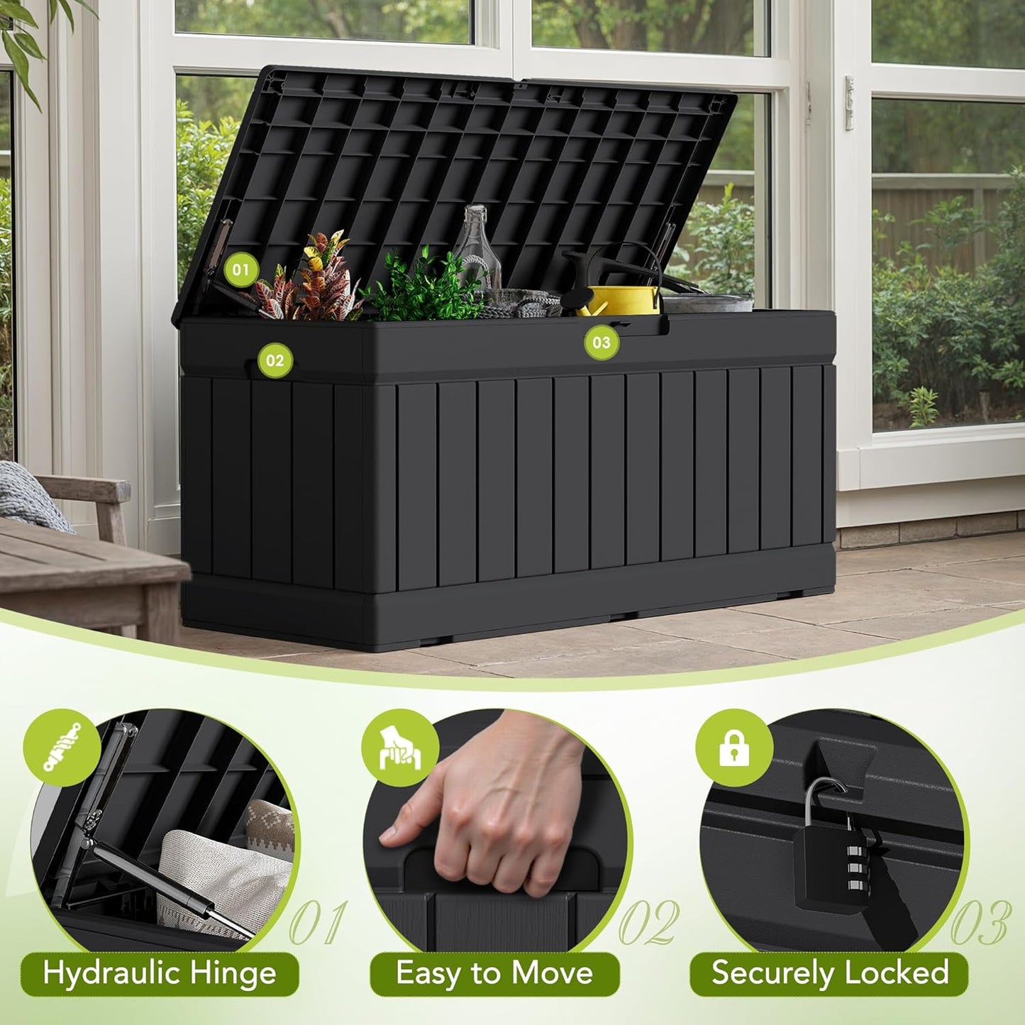30 Gallon Resin Deck Box Waterproof Outdoor Storage Box for Patio Furniture Pool Accessories Indoor Storage for Cushion Garden Tools (30 Gallon, Black)