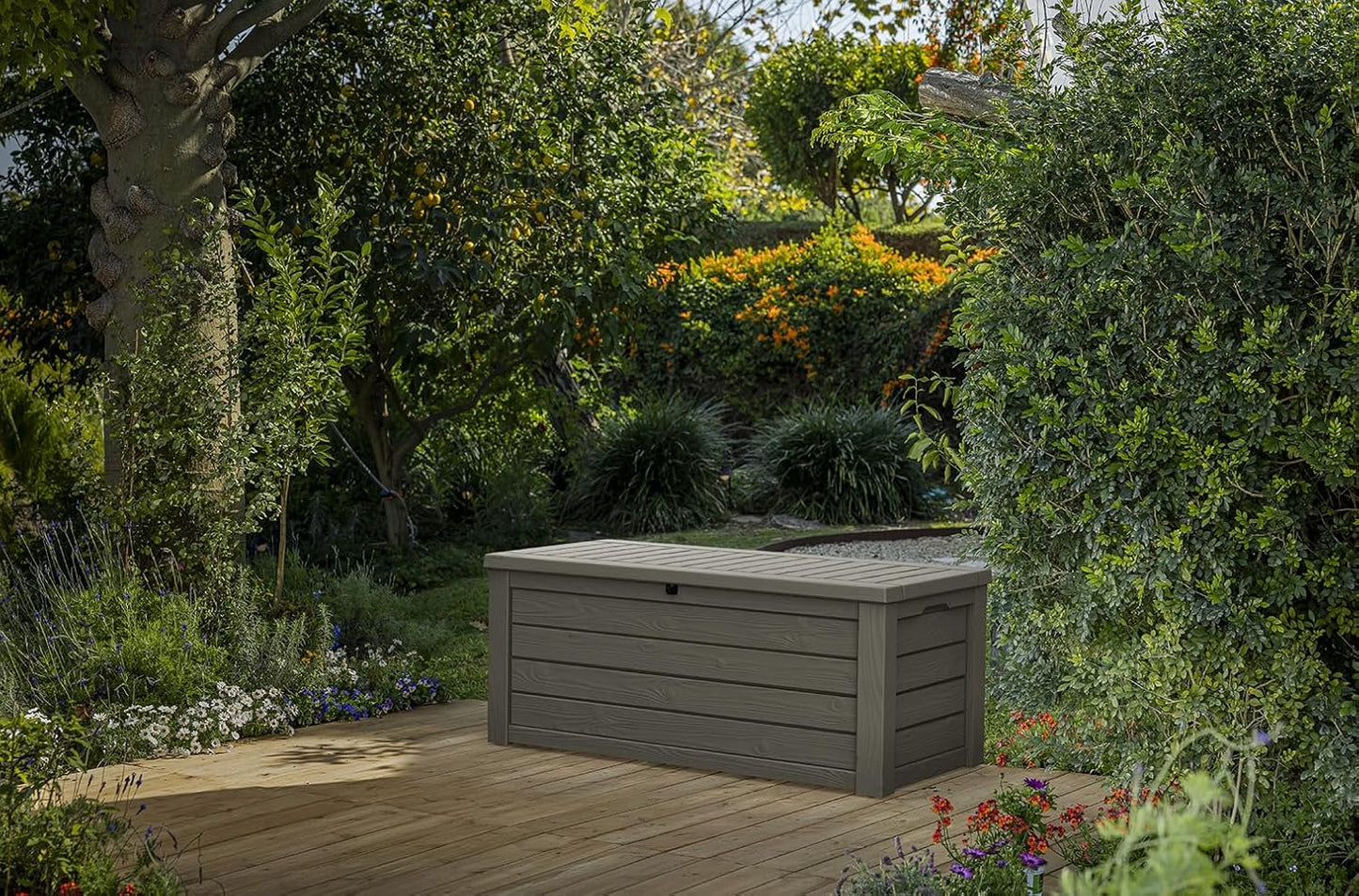 Keter 150 Gallon Resin Large Deck Box Organization and Storage Box for Patio, Outdoor Cushions, Garden Tools, Brown