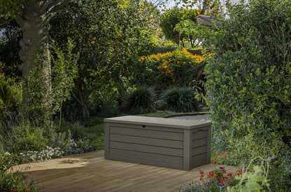 Keter 150 Gallon Resin Large Deck Box Organization and Storage Box for Patio, Outdoor Cushions, Garden Tools, Brown