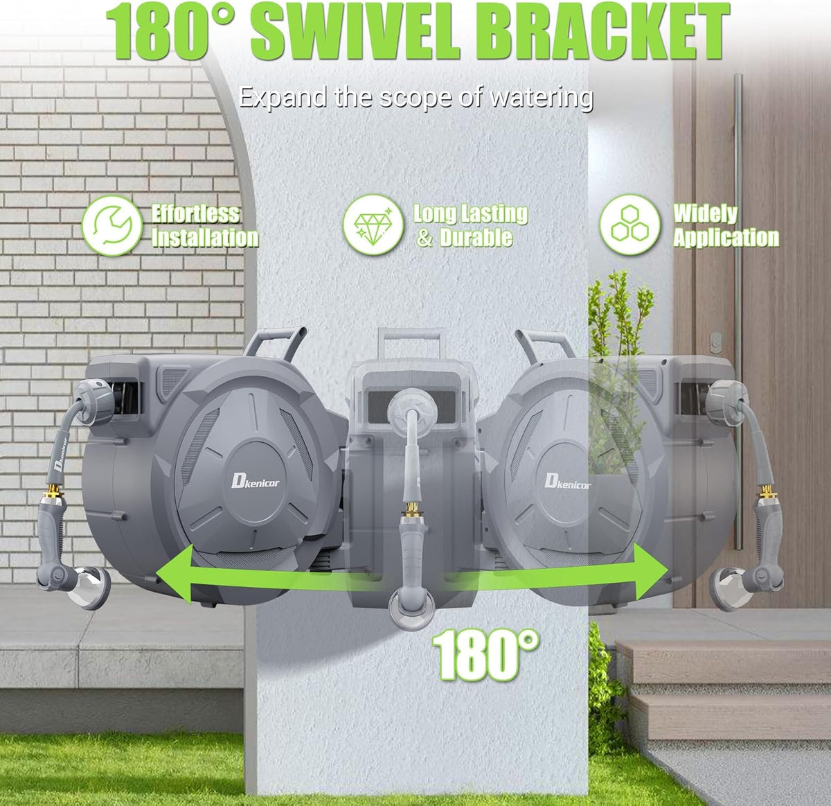 5/8" × 110 ft Retractable Hose Reel, Heavy Duty Retractable Garden Hose Reel Wall Mounted with 10-Pattern Hose Nozzle/Any Length Lock/Slow Return System/180°Swivel Bracket