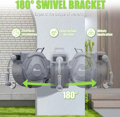 5/8" × 110 ft Retractable Hose Reel, Heavy Duty Retractable Garden Hose Reel Wall Mounted with 10-Pattern Hose Nozzle/Any Length Lock/Slow Return System/180°Swivel Bracket