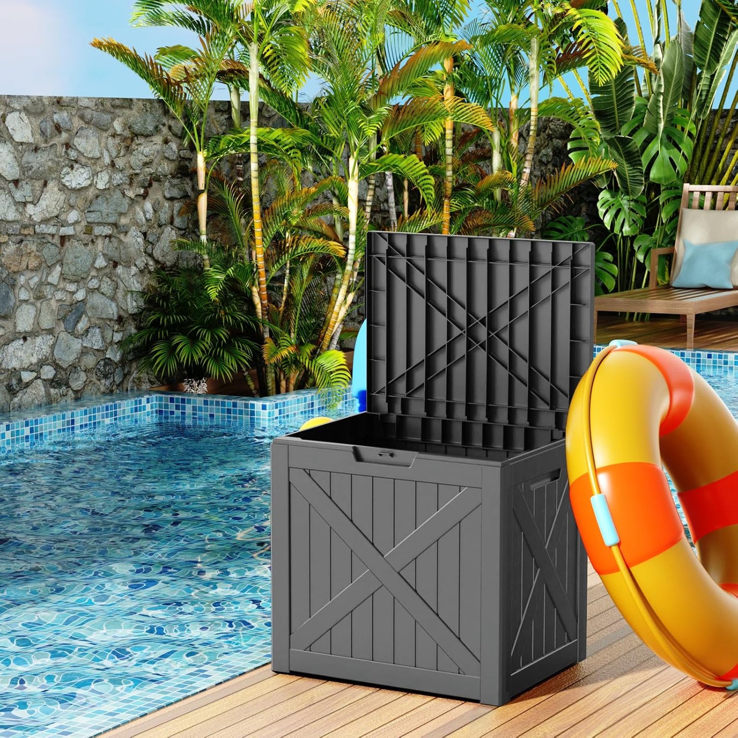 30 Gallon Outdoor Deck Box, Lockable Waterproof Outdoor Storage Boxes For Garden Tools,Indoor Cushions,Accessories Outside Storage Resin Weatherproof Container(Black)