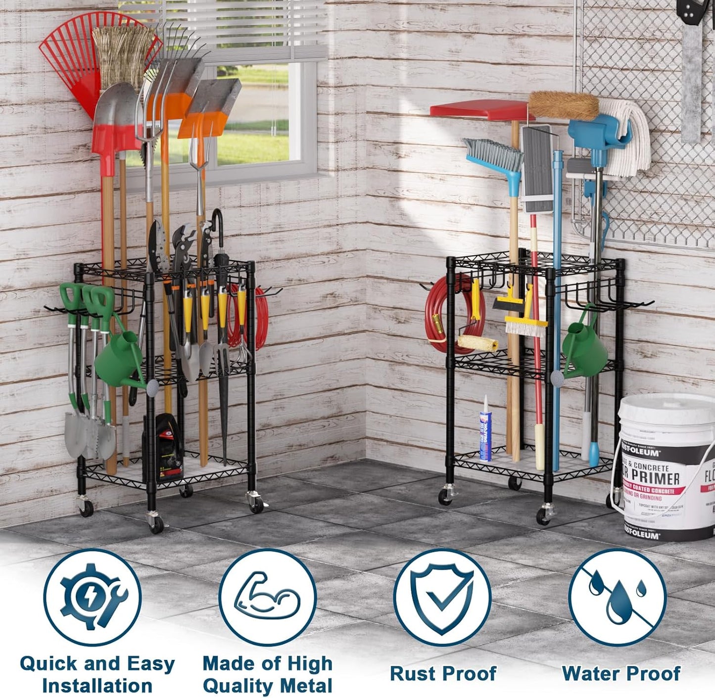 T1 Garden Tool Organizer（With Lockable Wheels）Heavy Duty Garage Tool Storage for Yard，Shed，Outdoor and Lawn，Freestanding Tool Organizers and Storage UP to 50 Tools，Black with Anti-Tip Device