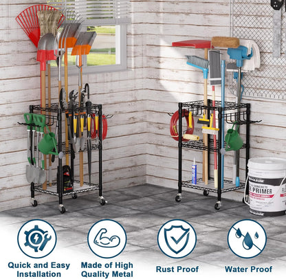 T1 Garden Tool Organizer（With Lockable Wheels）Heavy Duty Garage Tool Storage for Yard，Shed，Outdoor and Lawn，Freestanding Tool Organizers and Storage UP to 50 Tools，Black with Anti-Tip Device
