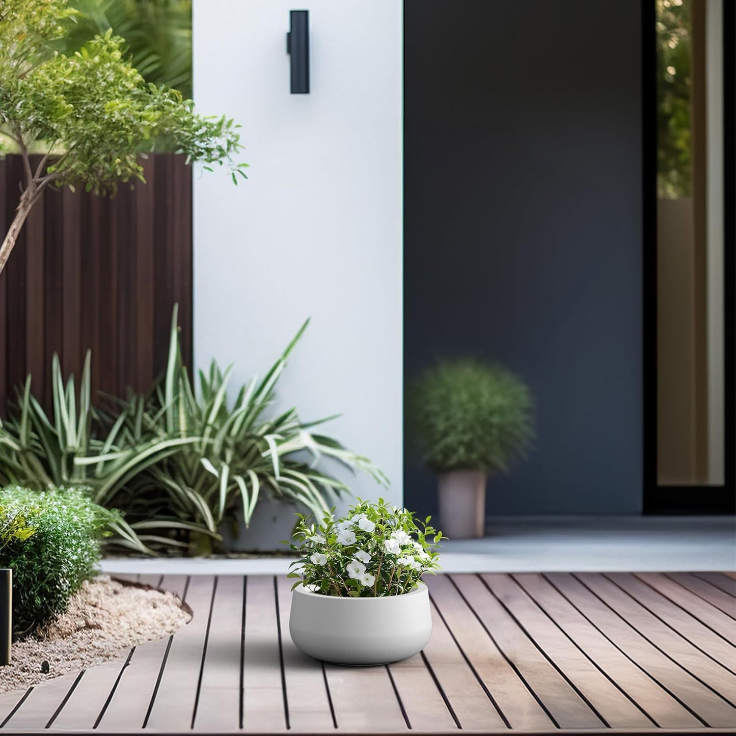 Kante 15.7" Dia Round Concrete Planter, Outdoor Indoor Garden Plant Pots with Drainage Hole and Rubber Plug, Modern Curvaceous Design, Slate Gray