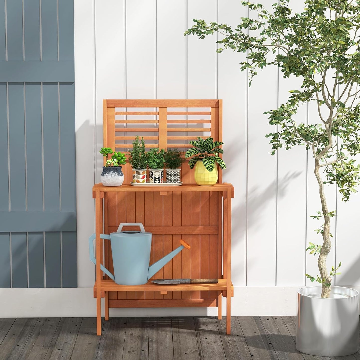 Giantex Folding Potting Bench, 2-Tier Gardening Workstation w/Storage Shelves, Wood Outdoor Potting Table for Garden, Yard, Balcony, Easy Assembly, Natural