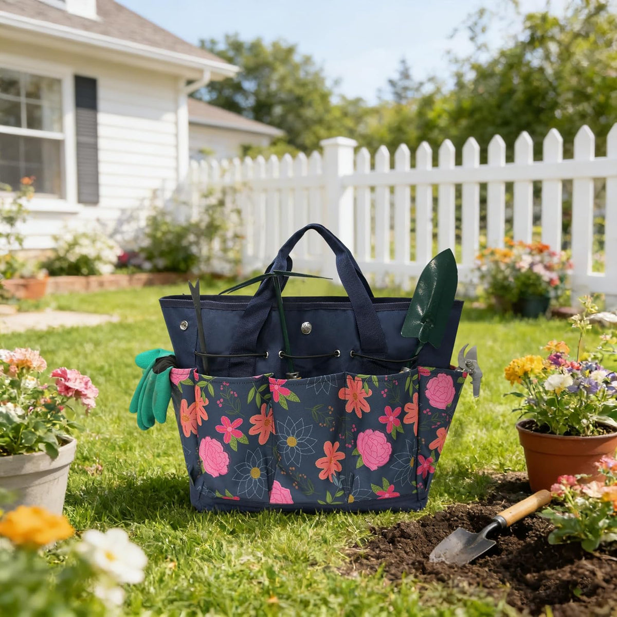 Waterproof Garden Tool Bag, 600D Oxford Portable Gardening Tote with Handle & Multi Pockets, Ideal Gifts for Parents Women (Green, Tools Not Included)