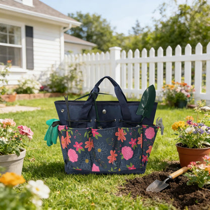 Waterproof Garden Tool Bag, 600D Oxford Portable Gardening Tote with Handle & Multi Pockets, Ideal Gifts for Parents Women (Green, Tools Not Included)