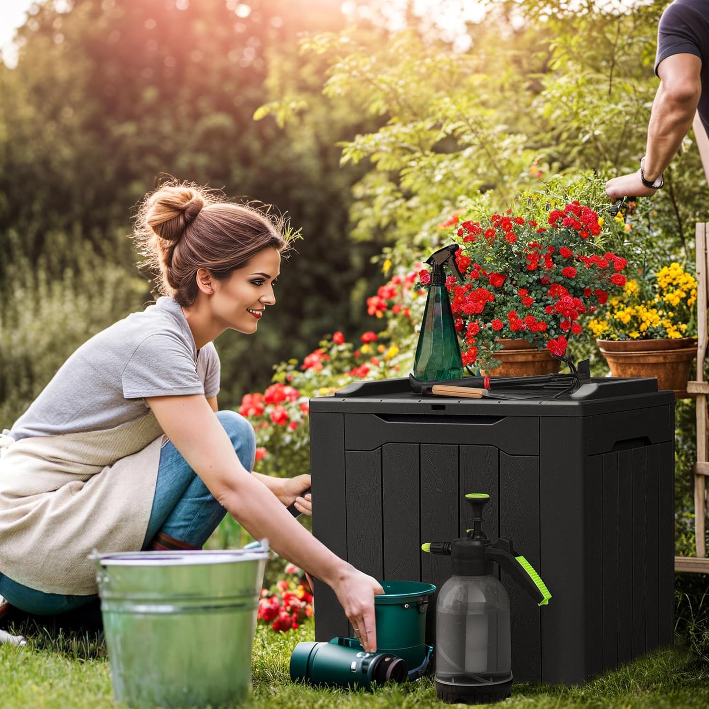 Devoko 100 Gallon Waterproof Large Resin Deck Box Indoor Outdoor Lockable Storage Container for Patio Furniture Cushions Garden Tools (100 Gallon, Black)