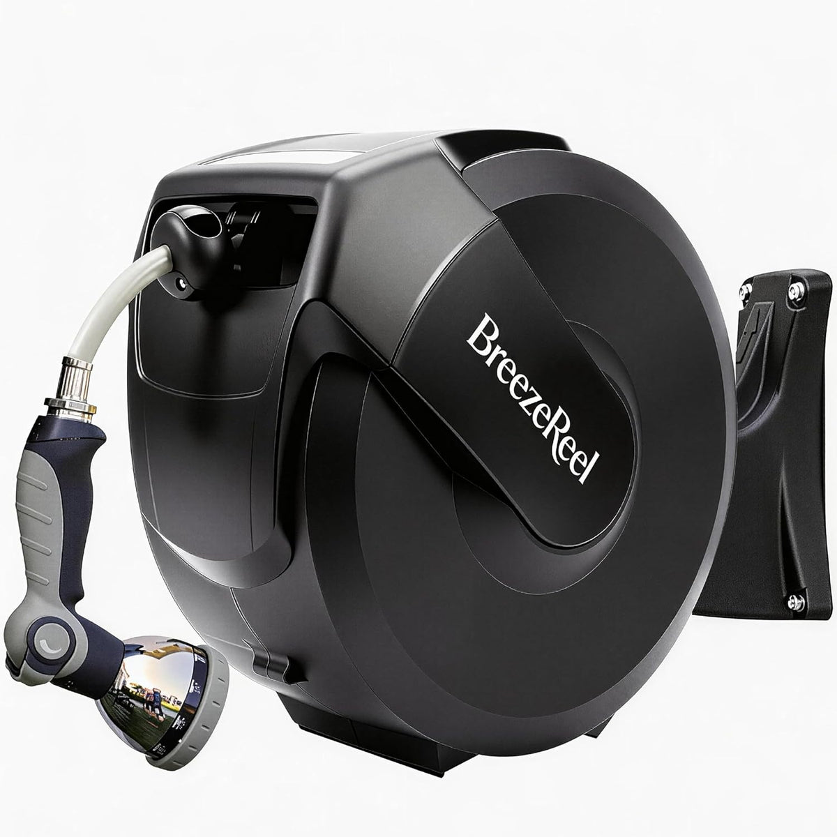 Retractable Garden Hose Reel, 1/2 inch x 50ft Wall Mounted Heavy Duty Hose Reel with Auto Rewind System, 180° Swivel Bracket, Any Length Lock, 10-Pattern Garden Hose Nozzle