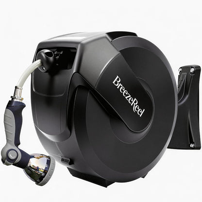 Retractable Garden Hose Reel, 1/2 inch x 50ft Wall Mounted Heavy Duty Hose Reel with Auto Rewind System, 180° Swivel Bracket, Any Length Lock, 10-Pattern Garden Hose Nozzle
