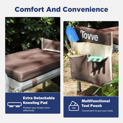 Tovve Foldable Garden Kneeler and Seat, Heavy Duty Garden Stool with 10" Wide Detachable Kneeling Pad, Portable Garden Bench Chair with Large Garden Tool Bag, Gardening Gifts for Women, Seniors, Mom