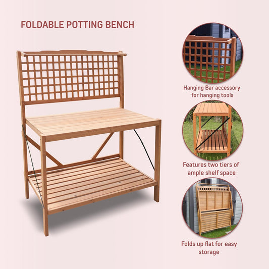 Northbeam Foldable Potting Bench Table - 2-Tier Storage Shelves - Wooden with Large Working Surface, All-Weather Garden Table Work Station with Sliding Tabletop, Perfect for Balcony, Garden, Backyard