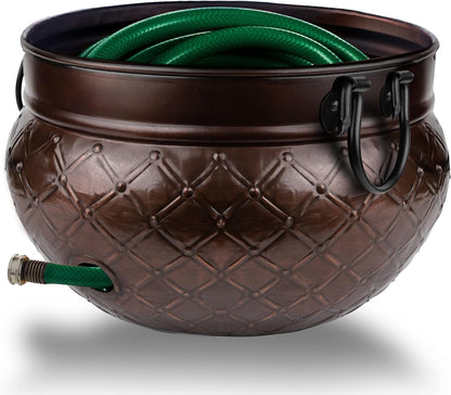 LifeSmart Garden Hose Pot Storage Holder with Copper Accents 16 x 12 Inches | Heavy Duty Water Hose Hider | Holds 150 ft Hose Outdoor and Indoor Use