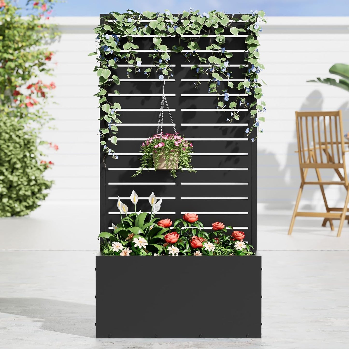 Casaphoria Metal Raised Garden Bed with Trellis and Wheels, 72"x47"x16" Planter Box for Climbing Plants, Vegetables & Vines, Features Drainage Holes and Privacy Screen (Black-Louver) - Colors D