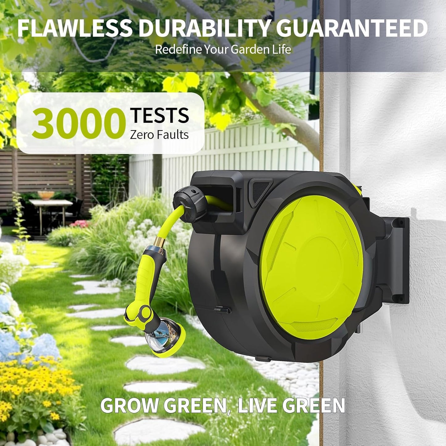 Fenbeli 50 FT Retractable Garden Hose Reel, Wall Mounted Auto Rewind, Any Length Lock, 10 Pattern Nozzle, 180° Swivel Bracket, Burst-Resistant Hose, Brass Fittings for Yard, Garden, Patio, Car Wash