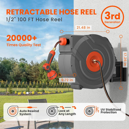 Retractable Garden Hose Reel 90 ft 5/8 inch Automatic Rewind with Any-Length Lock 9 Pattern Nozzle Sprayer 180° Swivel Wall-Mounted Hose Reel for Home Yards